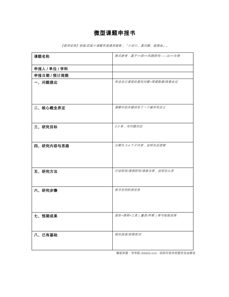 微型课题申报书模板 预览
